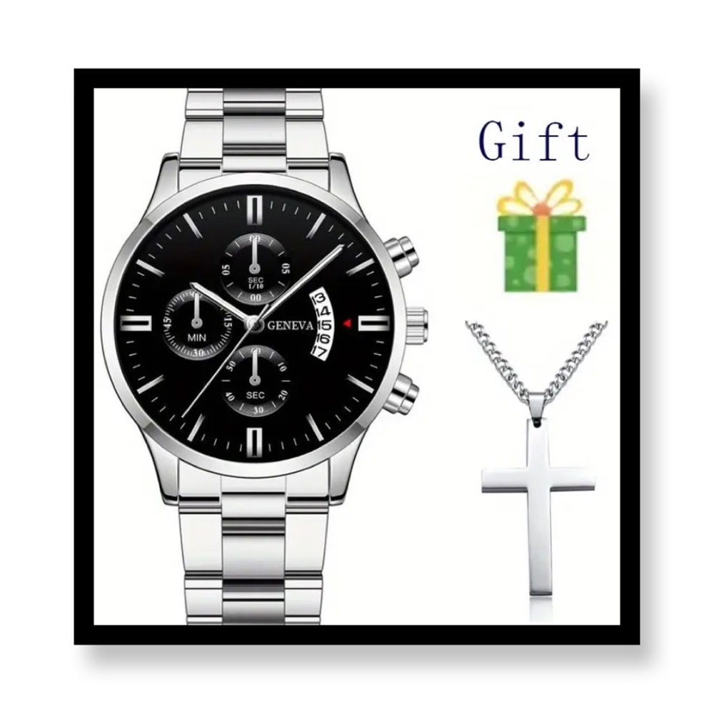 Geneva Black and Silver Watch with Cross Necklace